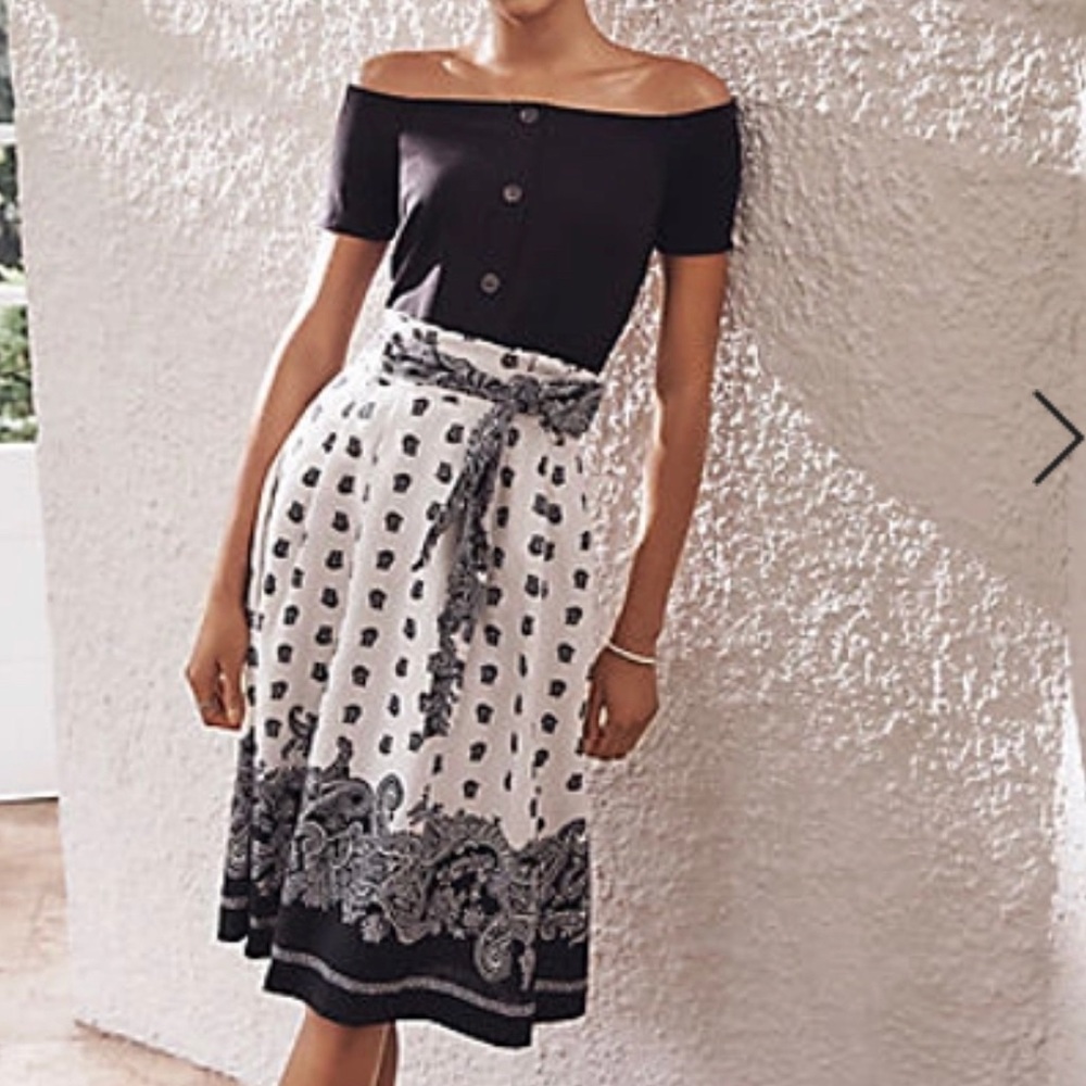 Ann Taylor Paisley Border Paperbag Belted Skirt In Black